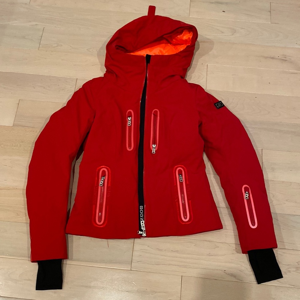 Bogner puffer down red reflective trim hooded winter ski jacket